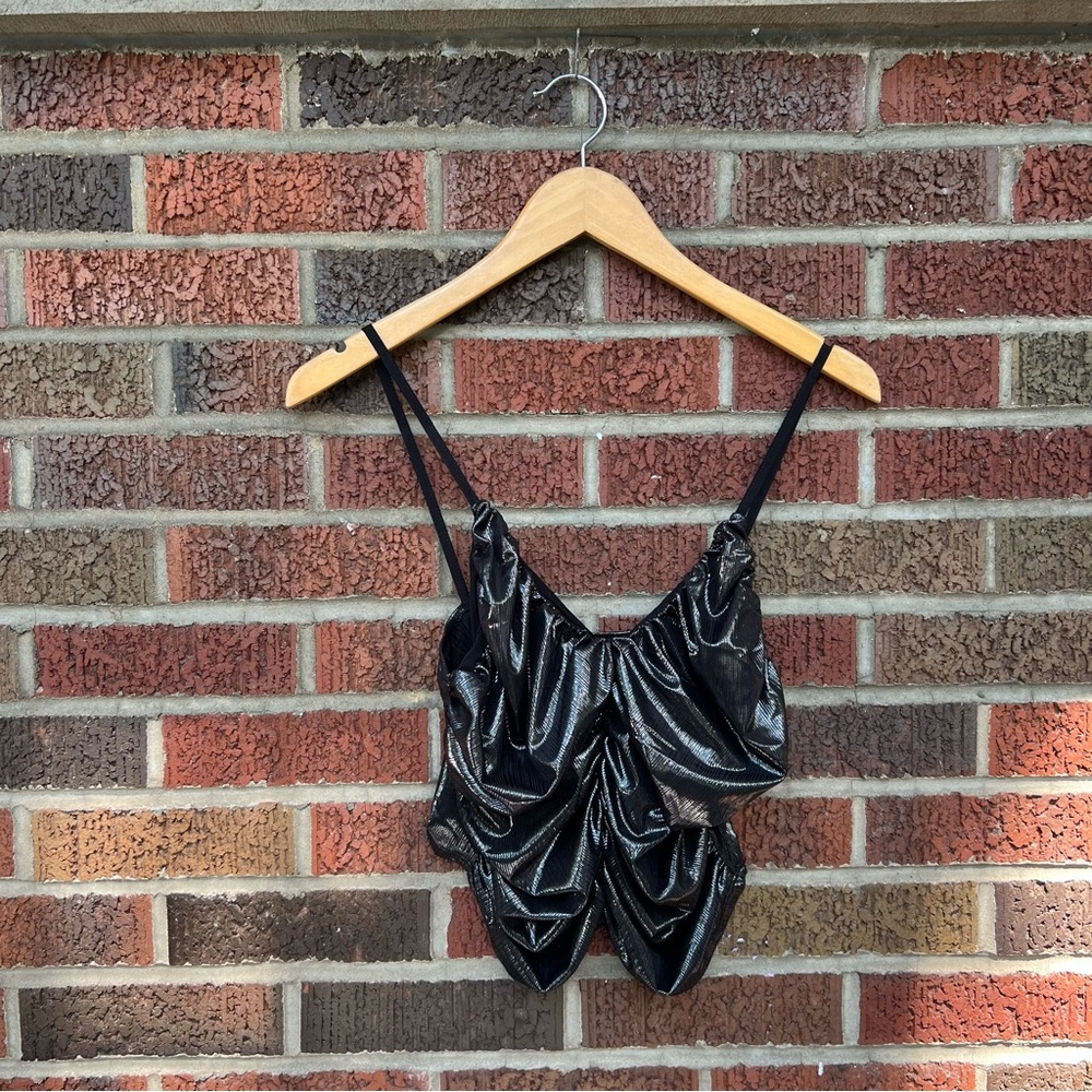 Zara Metallic Black Silver Scrunch Spaghetti Strap Puff Tank Top Crop Top